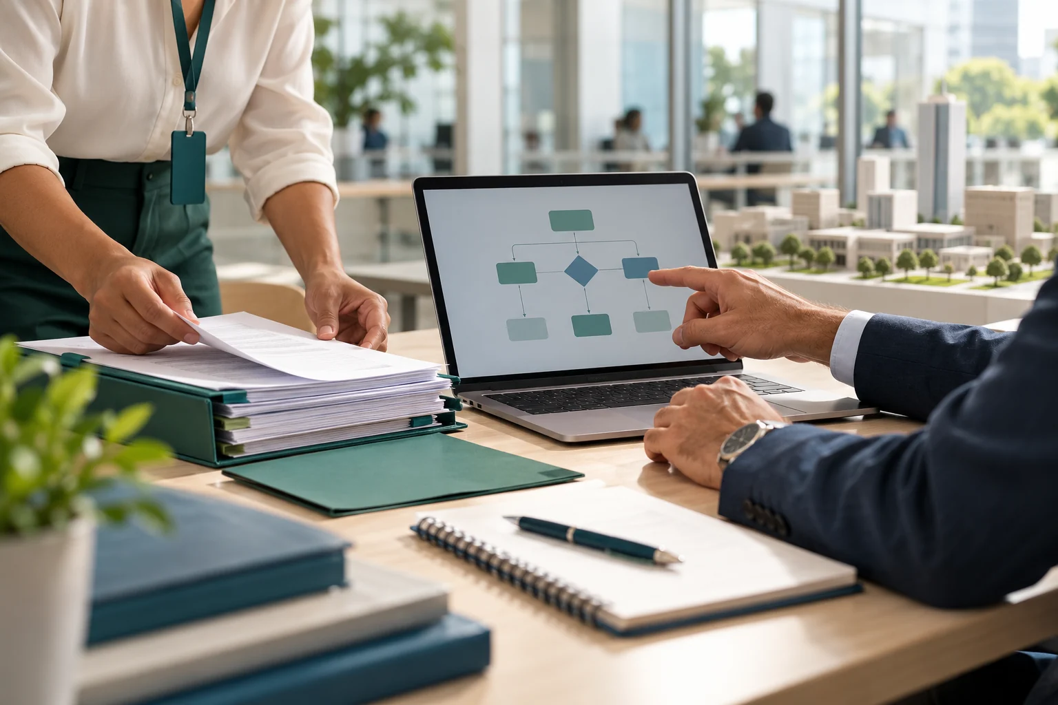 Profissionais analisando documentos e um fluxo de trabalho no computador